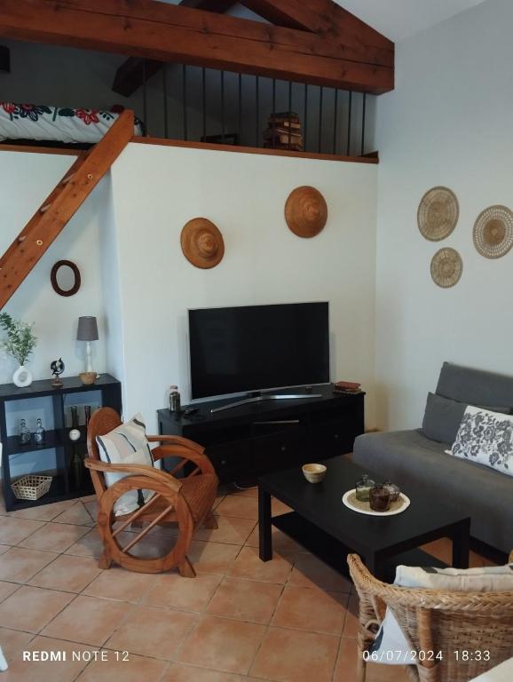 un salon avec un canapé et une télévision dans l'établissement Le Clos des évidences, à Domazan