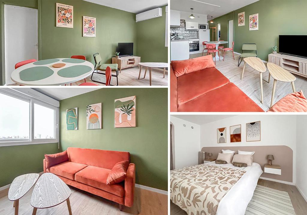 a collage of four pictures of a living room at Cosy T3 Plein Centre, Clim & Balcon in Toulouse