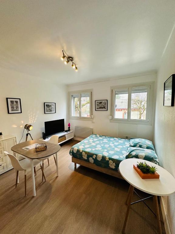 Un dormitorio con una cama, una mesa y un sofá. en Le Petit Gambetta, en Charleville-Mézières