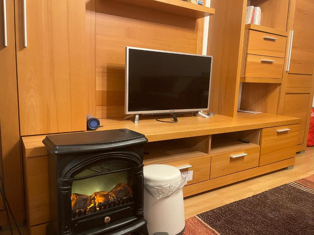 Et tv og/eller underholdning på - Timber Haven Retreat - 2-Room Wood-Themed Apartment 65 qm - Central Location - Renovated 2024 with TV & Netflix - Balcony - Full Kitchen - Free Parking - Near Metro & Airport - Nature-Inspired Interior -