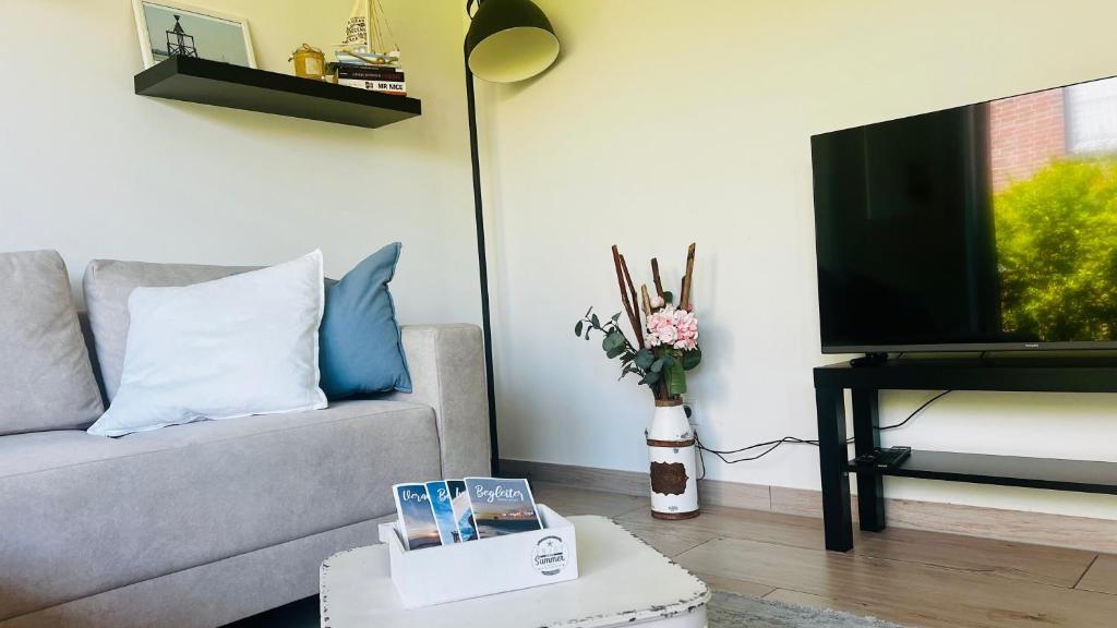 a living room with a couch and a flat screen tv at Ostbake in Wangerooge