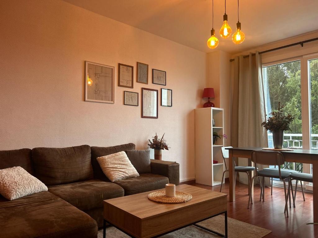 un salon avec un canapé et une table dans l'établissement Le Coteau city center near train station, à Poitiers