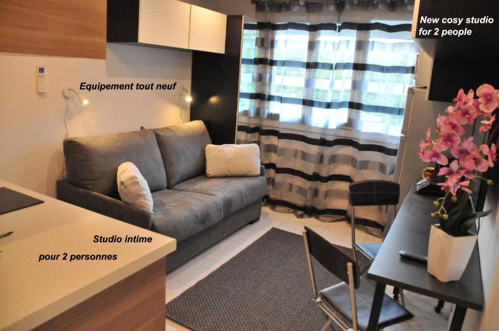 a living room with a couch and a table at Studette Cannes Croisette Martinez Area in Cannes