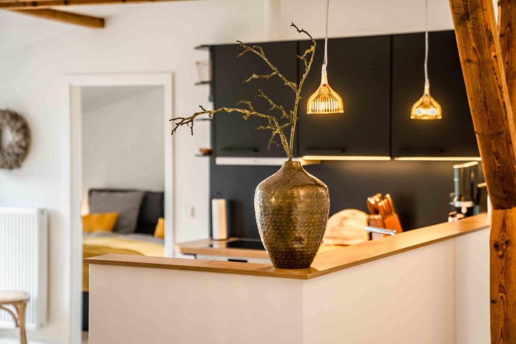 a vase sitting on a counter in a kitchen at Studio Zwei in Oersberg