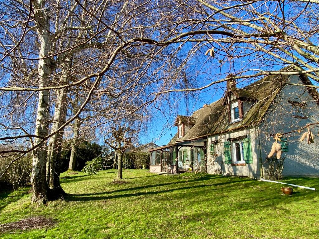 une vieille maison sur une cour verdoyante avec des arbres dans l'établissement La paisible, maison familiale et conviviale en Baie de Somme, à Vaudricourt