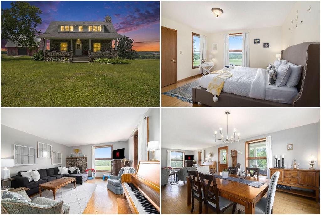 een collage van foto's van een slaapkamer en een huis bij Historic 5BDR Orchard Home in Suttons Bay