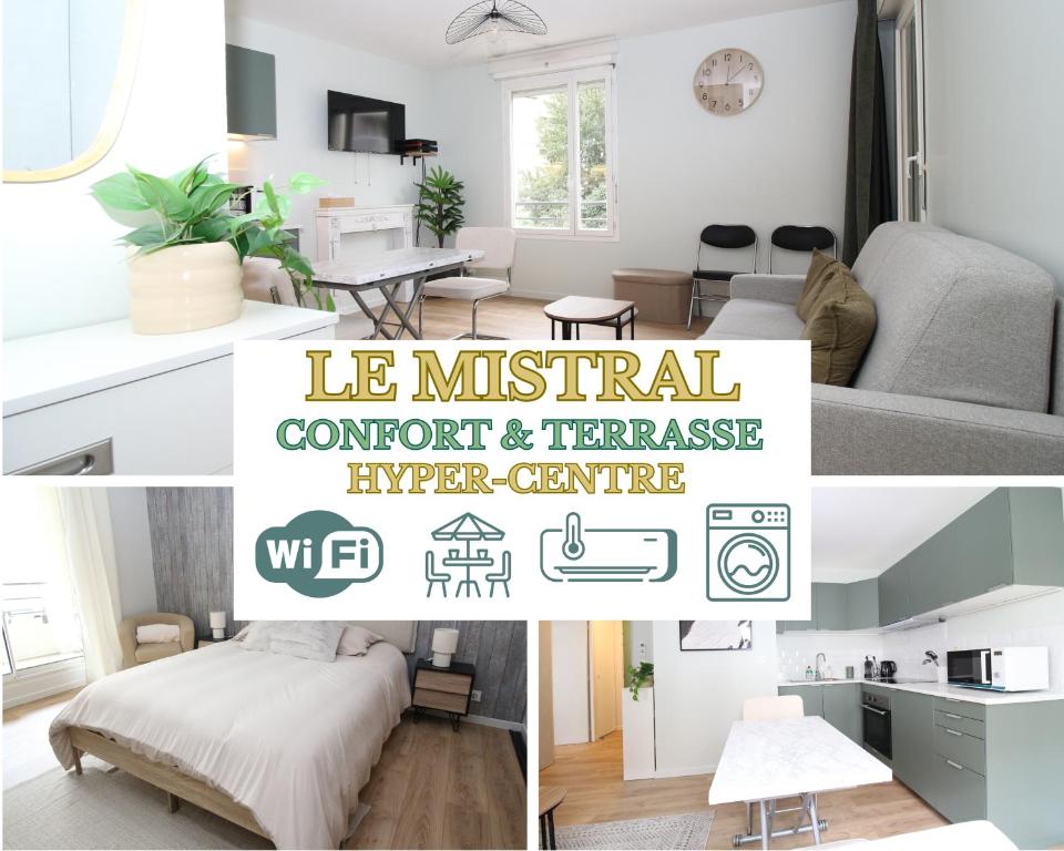 un collage de photos d'un salon et d'un appartement dans l'établissement Le Mistral - Calme et Climatisé - Hypercentre - Terrasse - Wifi, à Avignon