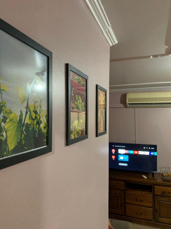 a living room with a tv and pictures on the wall at Apartamento Champagne rosé in Garibaldi