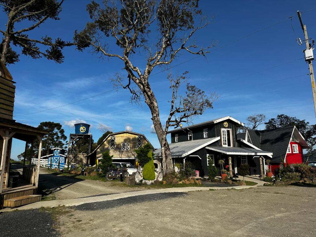 a house with a tree in the middle of a street at Pousada e Camping do Motochileiro in Urubici
