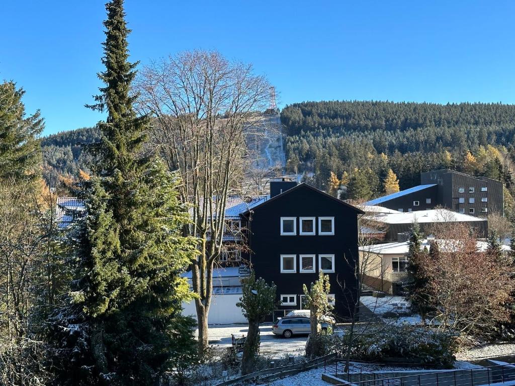 una casa negra en un pueblo con un árbol en Bergluft, en Hahnenklee-Bockswiese