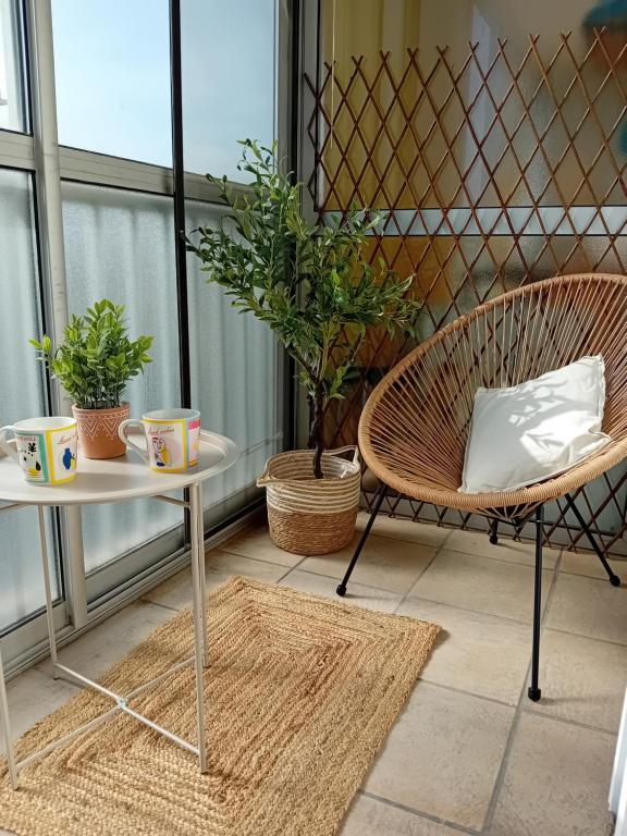 une chaise et une table sur un balcon avec des plantes dans l'établissement La Baie de Tamaris Appartement 4 couchages proche plage, à La Seyne-sur-Mer
