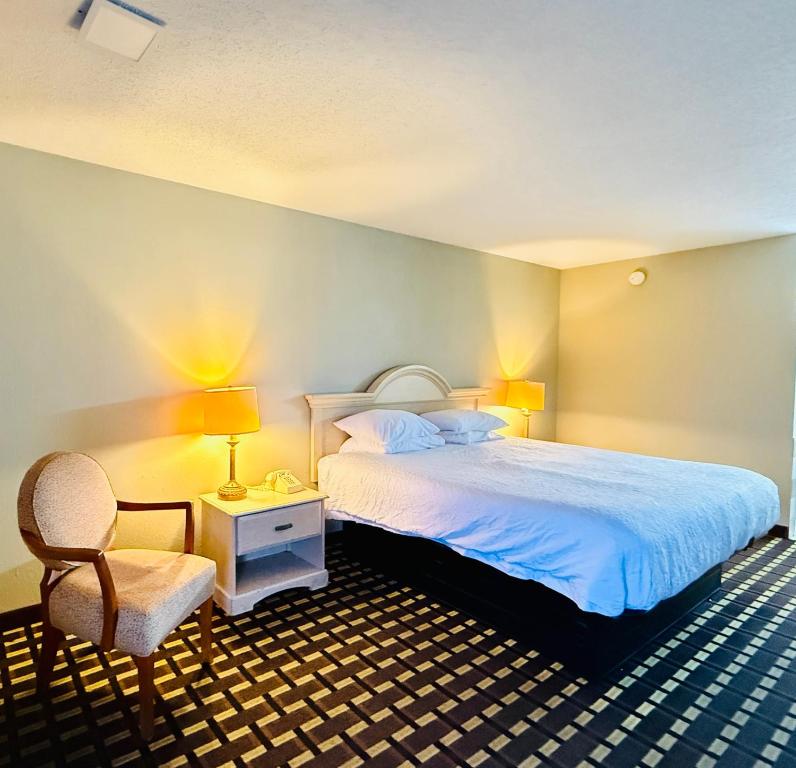 a bedroom with a bed and a chair and a bedvisor at Travelodge by Wyndham-Thomasville AL in Thomasville