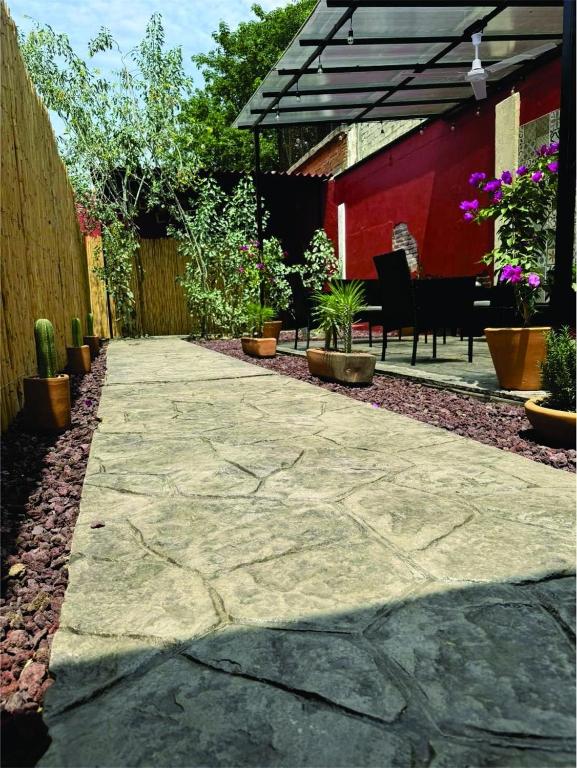 a stone walkway in a garden with plants and a patio at Casa Cañonero, a magic place, 4 room in Oaxaca City