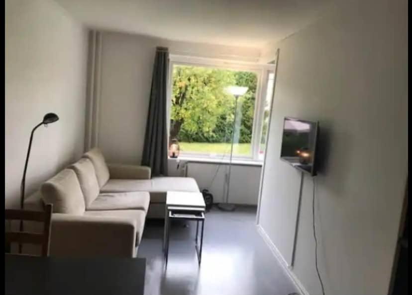 a living room with a couch and a window at Cozy apt by subway, parking in Lijordet