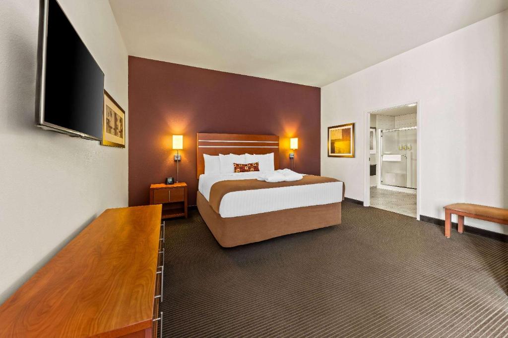een slaapkamer met een groot bed en een flatscreen-tv bij Wingate by Wyndham Calgary South in Calgary