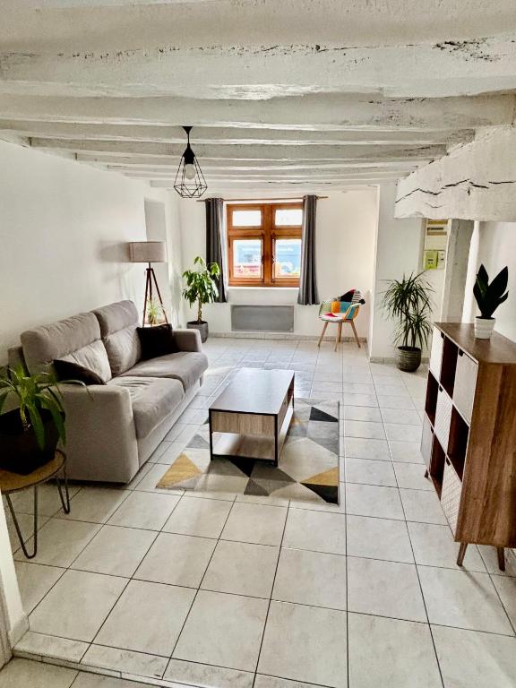 un salon avec un canapé et une table dans l'établissement Appartement Situé au cœur de Brissac-Quincé, à Brissac-Quincé