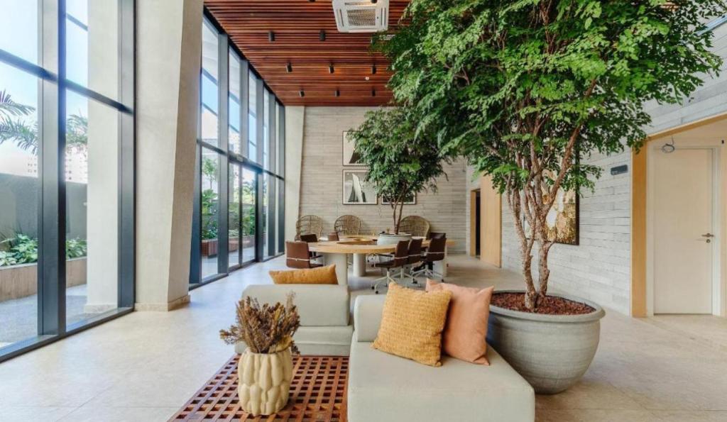 a living room with a tree in a large pot at Alive Corredor da Vitória - Vista Mar in Salvador