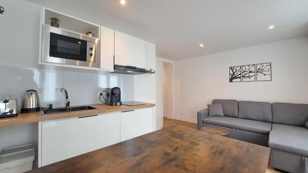 une cuisine et un salon avec un canapé dans l'établissement Séville - Appartement agréable, à Reims