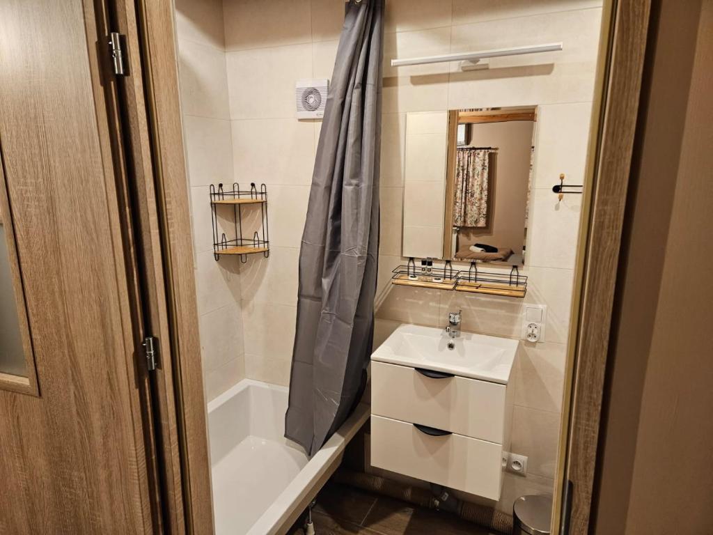 łazienka z wanną, umywalką i prysznicem w obiekcie Apartament Rynek 30 w mieście Osieczna