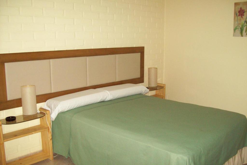 1 dormitorio con 1 cama grande con manta verde en Muras Apart Hotel en Mendoza