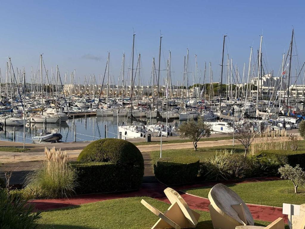 un port de plaisance avec beaucoup de bateaux dans l'eau dans l'établissement Studio 4 couchages avec piscine et parking à Port Camargue - FR-1-731-88, au Grau-du-Roi
