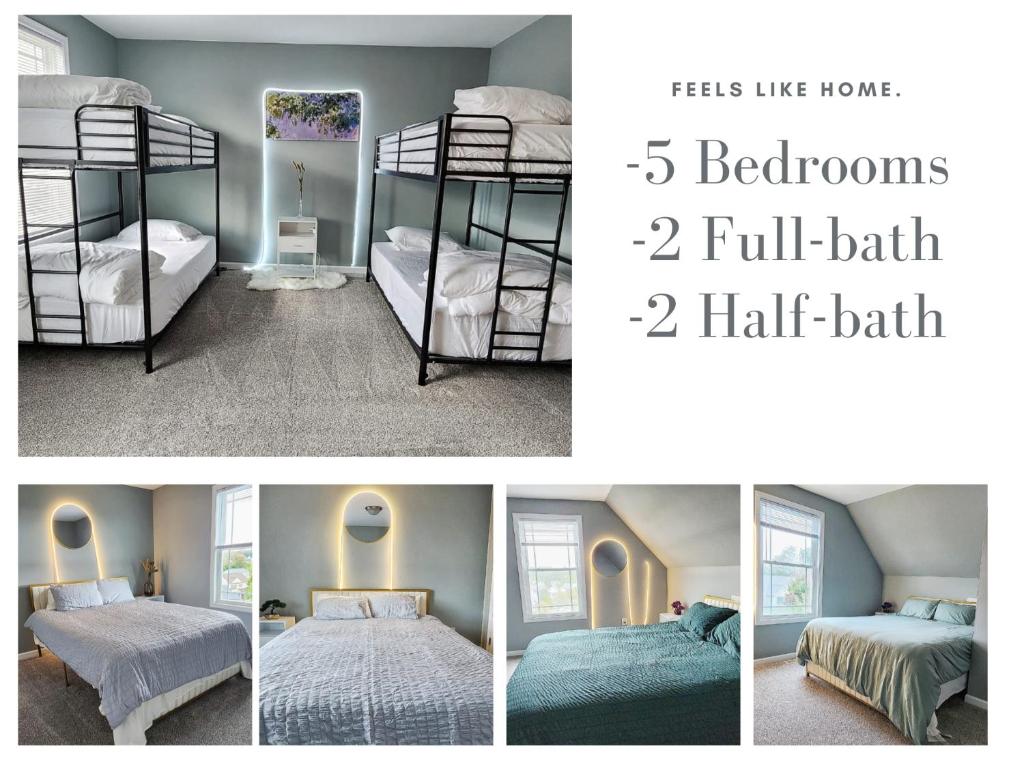 eine Collage mit vier Bildern eines Schlafzimmers mit Etagenbetten in der Unterkunft Modern 5 Bedroom Home, 6 miles from Skyline Drive in Waynesboro