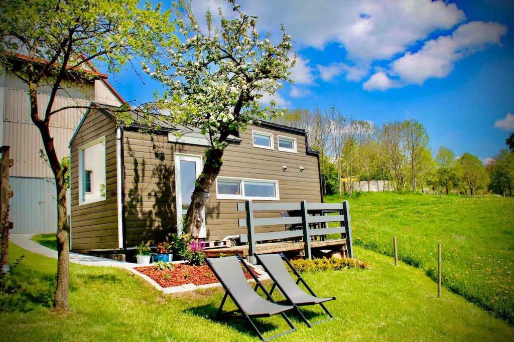 Gemütliches Tiny House in der Rhön في Hilders: مقعد امام بيت فيه شجرة