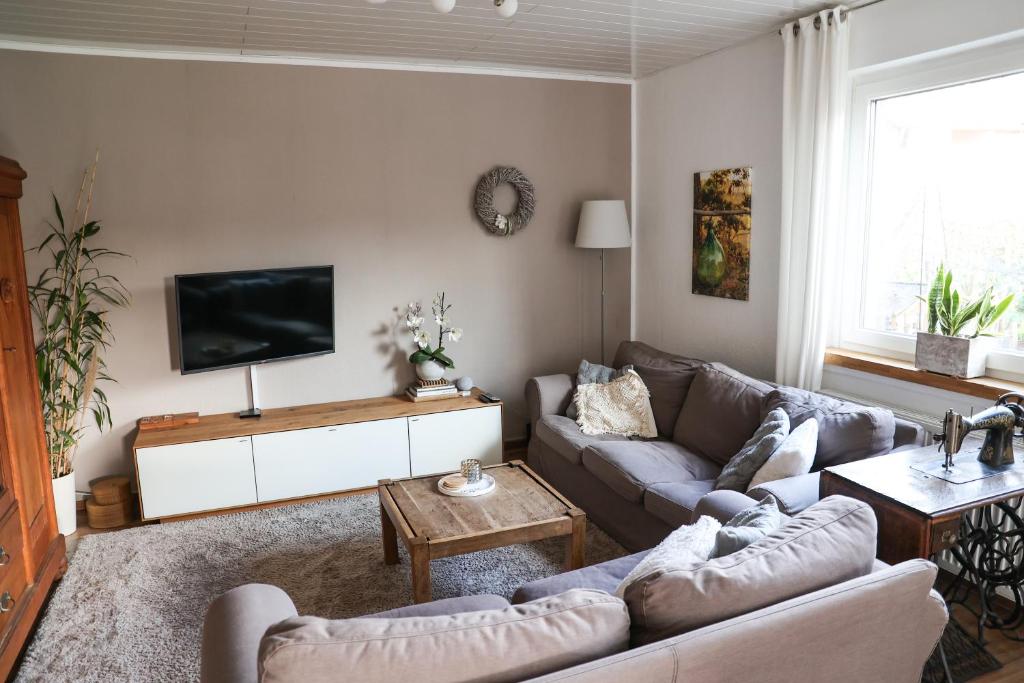 ein Wohnzimmer mit Couch und Flachbildfernseher in der Unterkunft Haus am See - Urlaub im Herzen des Münsterlands in Steinfurt