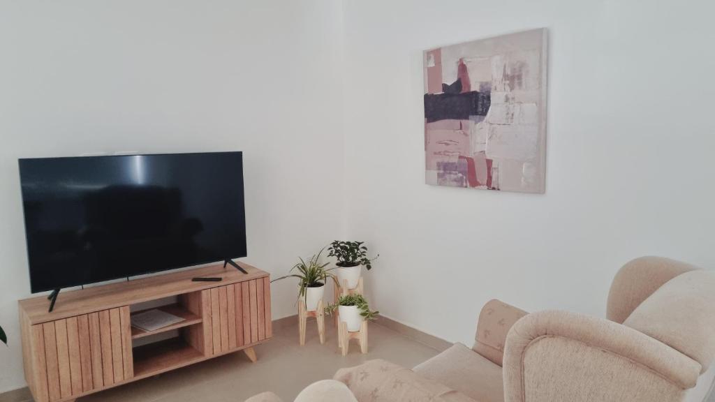 a living room with a flat screen tv on a wooden entertainment center at Luminoso departamento en Mendoza in El Challao