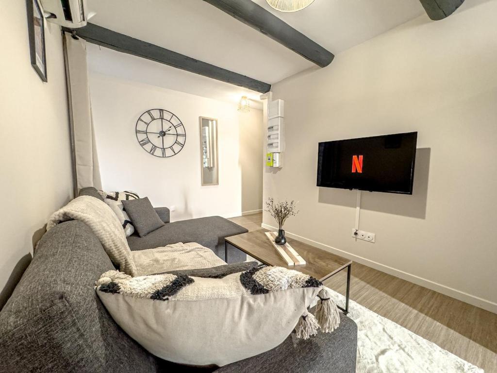 a living room with a couch and a tv on a wall at Le Cocon Appartement a 300m du Théâtre Antique in Orange