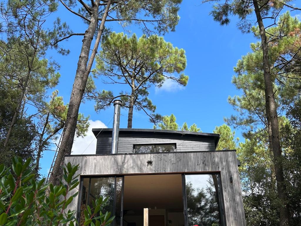 une maison dans les bois avec une tour en haut dans l'établissement Maison dans les arbres, proche plage, cheminée, jardin, parking - FR-1-652-46, à Saint-Jean-de-Monts