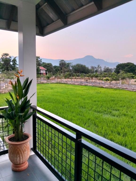 a balcony with a view of a rice field at Baksaei Retreat Ricefield Villas in Kampot