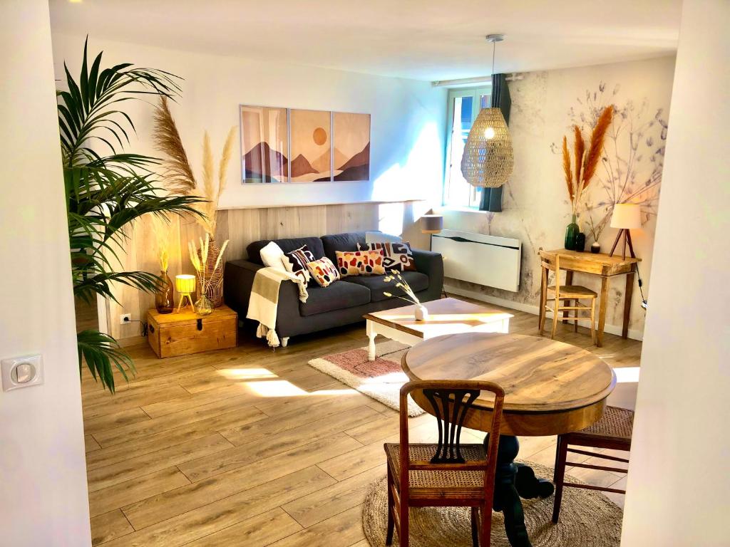 un salon avec un canapé et une table dans l'établissement Appartement Tout Confort Coeur de Ville Grand Balcon Le Néouvielle, à Bagnères-de-Bigorre
