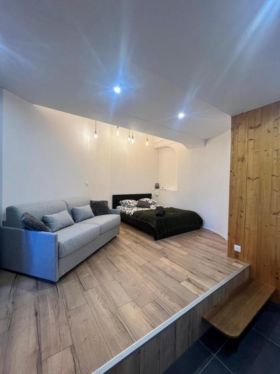 un salon avec un canapé et un lit dans l'établissement Appartement 6 personnes Strasbourg proche centre ville & parking, à Strasbourg