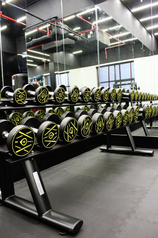 a rack of dumbbells in a gym at City Tower Hotel in Fujairah