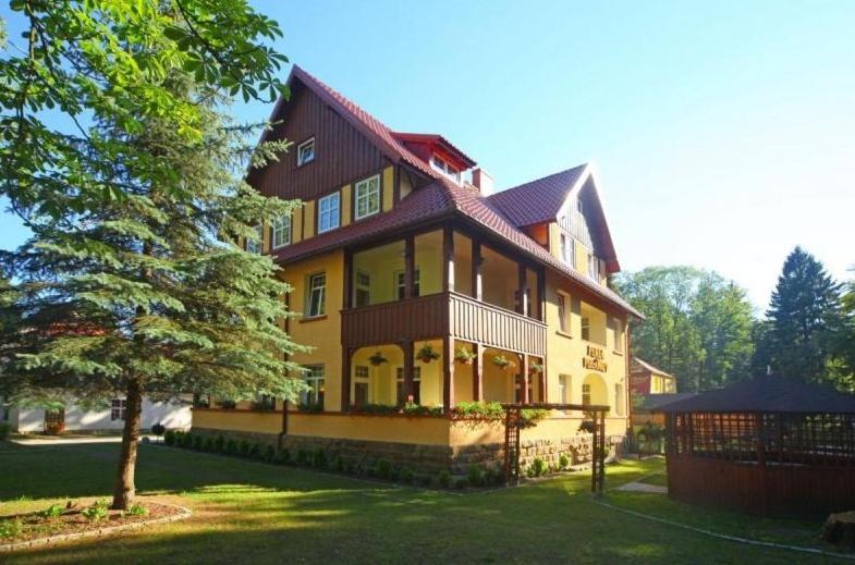 a large yellow and brown house with a tree at Pensjonat Perła Polanicy in Polanica-Zdrój