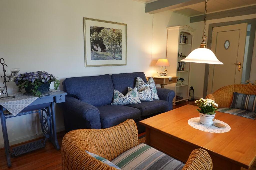 a living room with a blue couch and a table at Ferienhaus Süderende 50 in Süderende