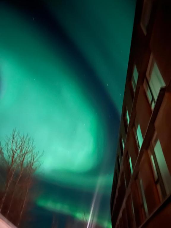 una aurora brilla en el cielo sobre un edificio en Hótel Bifröst, en Bifrost