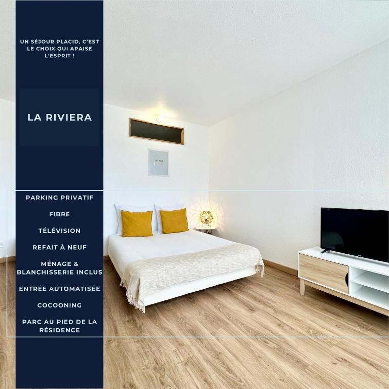 une chambre avec un lit et une télévision à écran plat dans l'établissement La Riviera - Terrasse - Parking & Parc, à Mont-de-Marsan