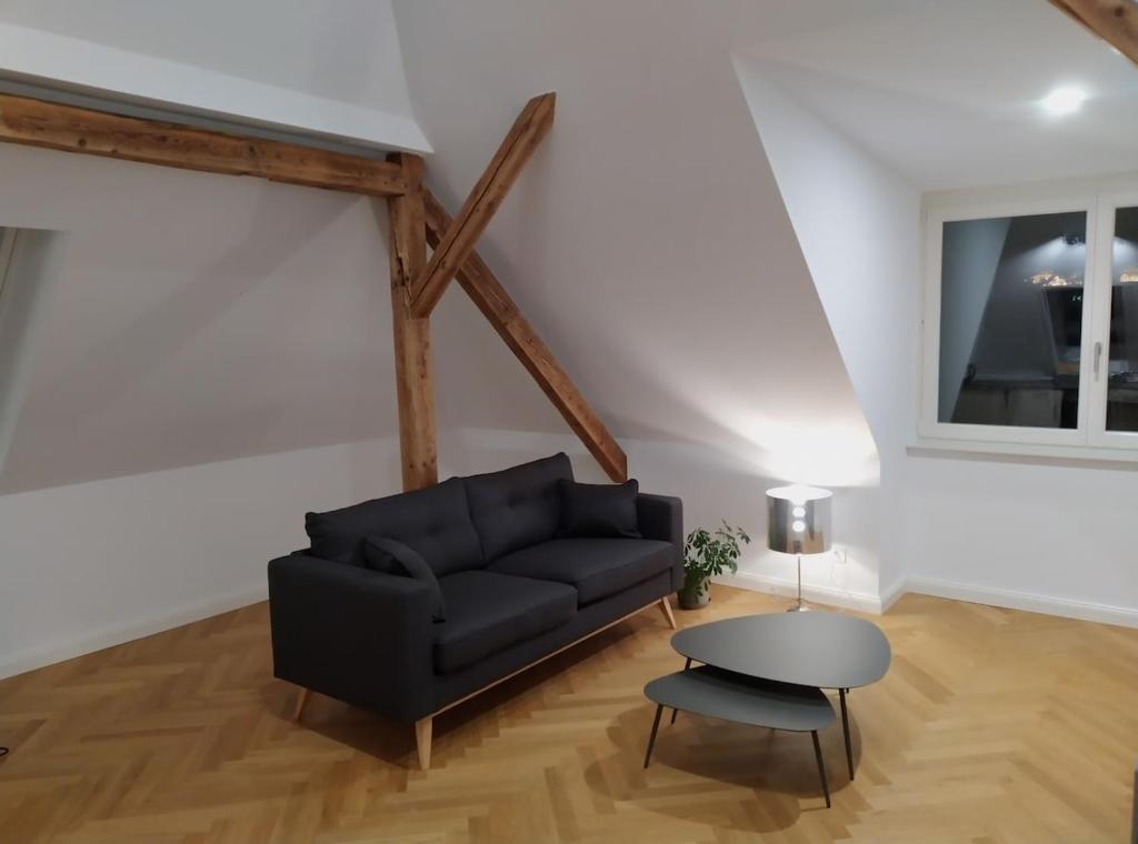 Ruang duduk di Helle Dachgeschoßwohnung am Weinberg-Campus