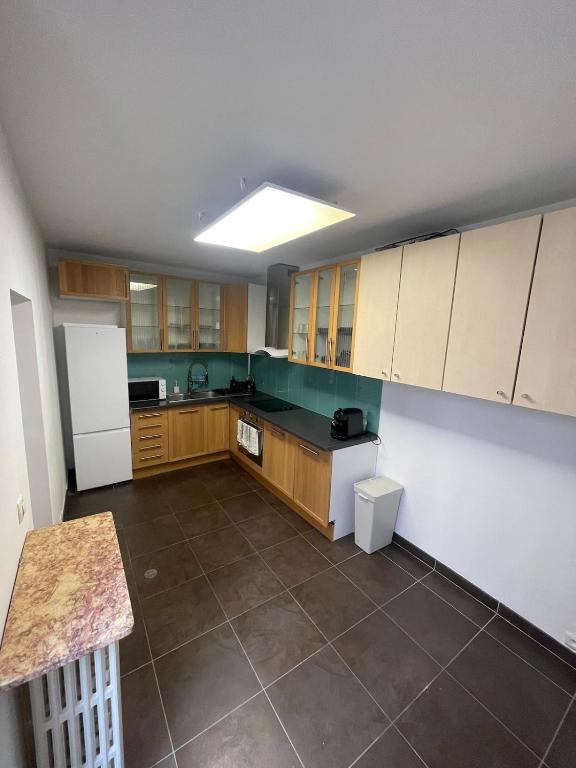 une cuisine avec des armoires en bois et un sol carrelé dans l'établissement Seemingly well placed 100m 2, à Paris