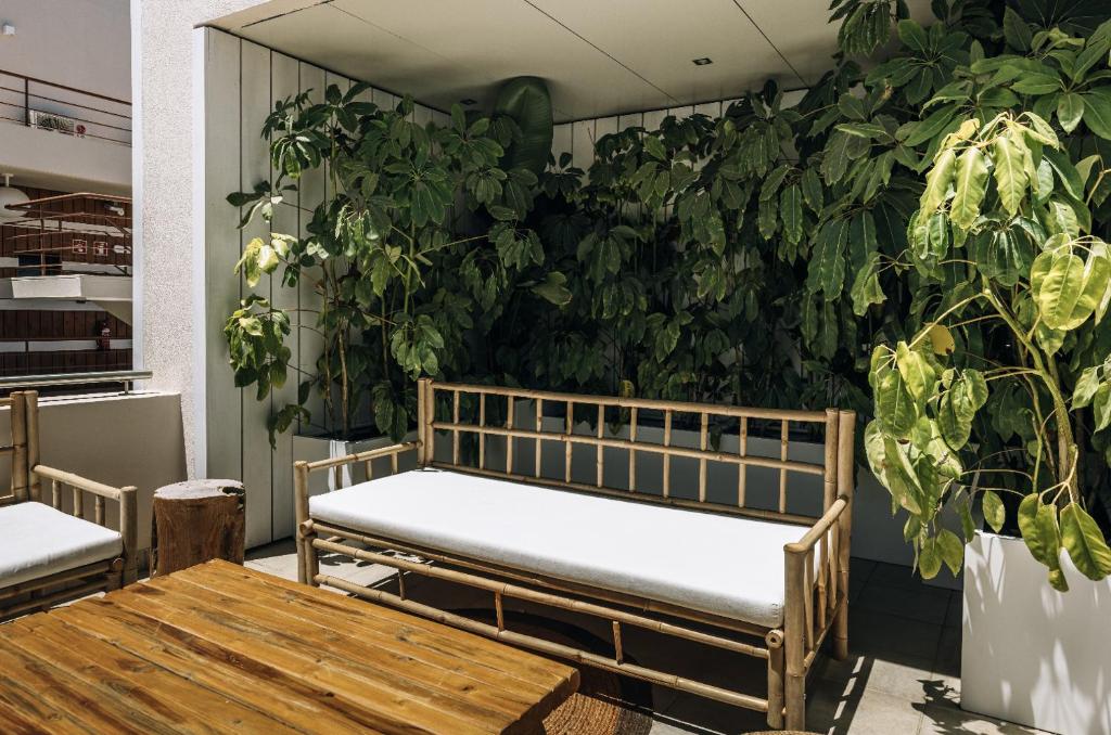 a room with two benches and a table and plants at AlmaLusa Comporta in Comporta