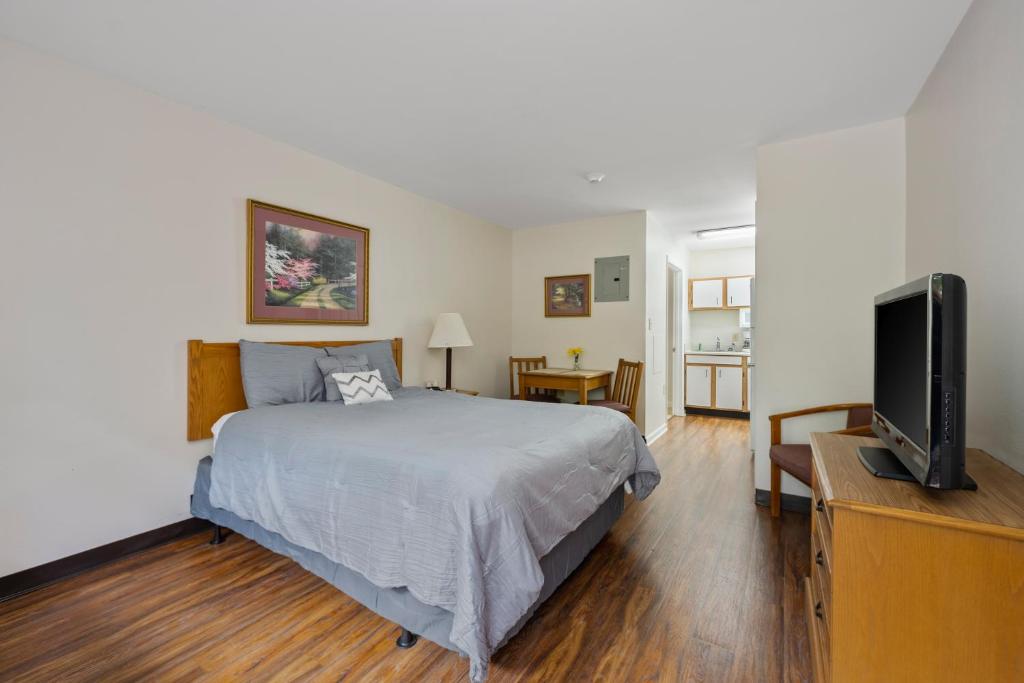 a bedroom with a bed and a flat screen tv at Affordable Suites Myrtle Beach in Myrtle Beach