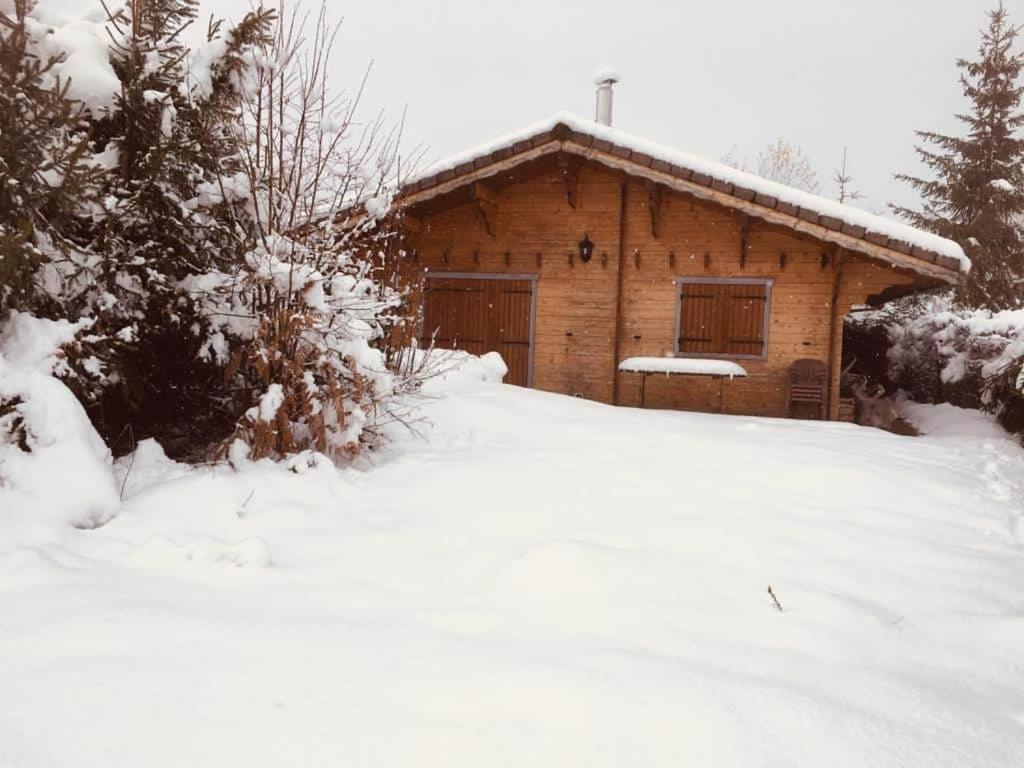 a log cabin with snow on the ground in front of it at Le Chalux in La Bresse