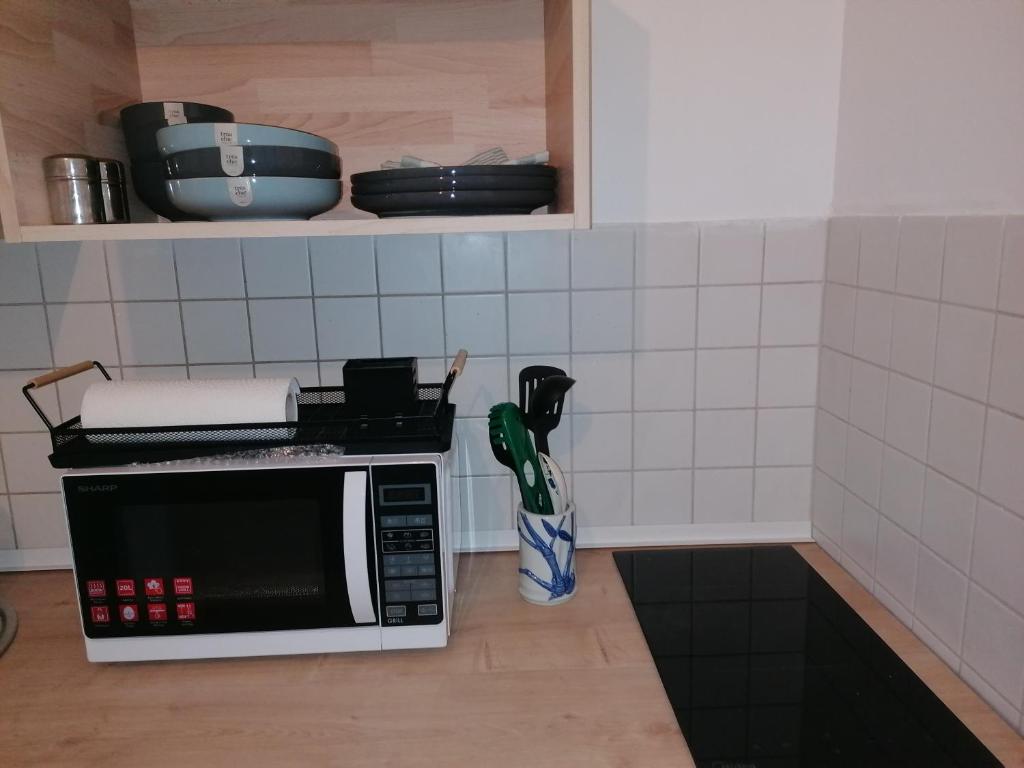 a microwave sitting on a counter in a kitchen at Entre 2 Rives Strasbourg-Kehl in Kehl am Rhein