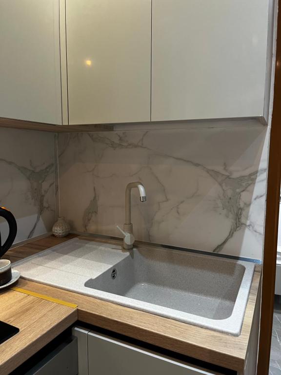 a kitchen sink with a faucet on a counter at Family Adventure at Pazar in Tirana