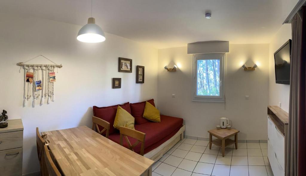 - un salon avec un canapé rouge et une fenêtre dans l'établissement Résidence Les Grands Pins - maeva Home - Appartement 2 pièces 4 personnes - Sélection MAE-7104, à Maubuisson