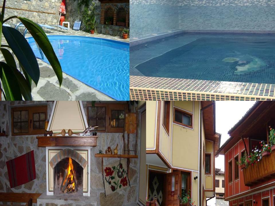 a collage of photos with a swimming pool and a fireplace at Guest House Todorini kashti in Koprivshtitsa