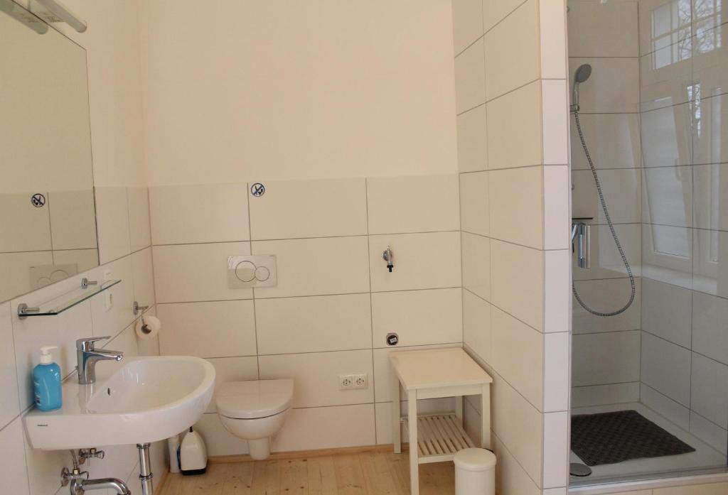 a bathroom with a sink and a toilet and a shower at Haus Roy Ferienwohnung 1Etage in Zülpich