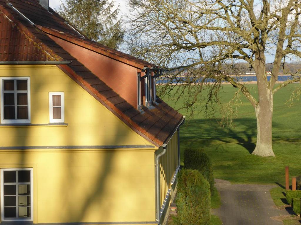a yellow house with a brown roof at Parterre A Ost in Volsvitz